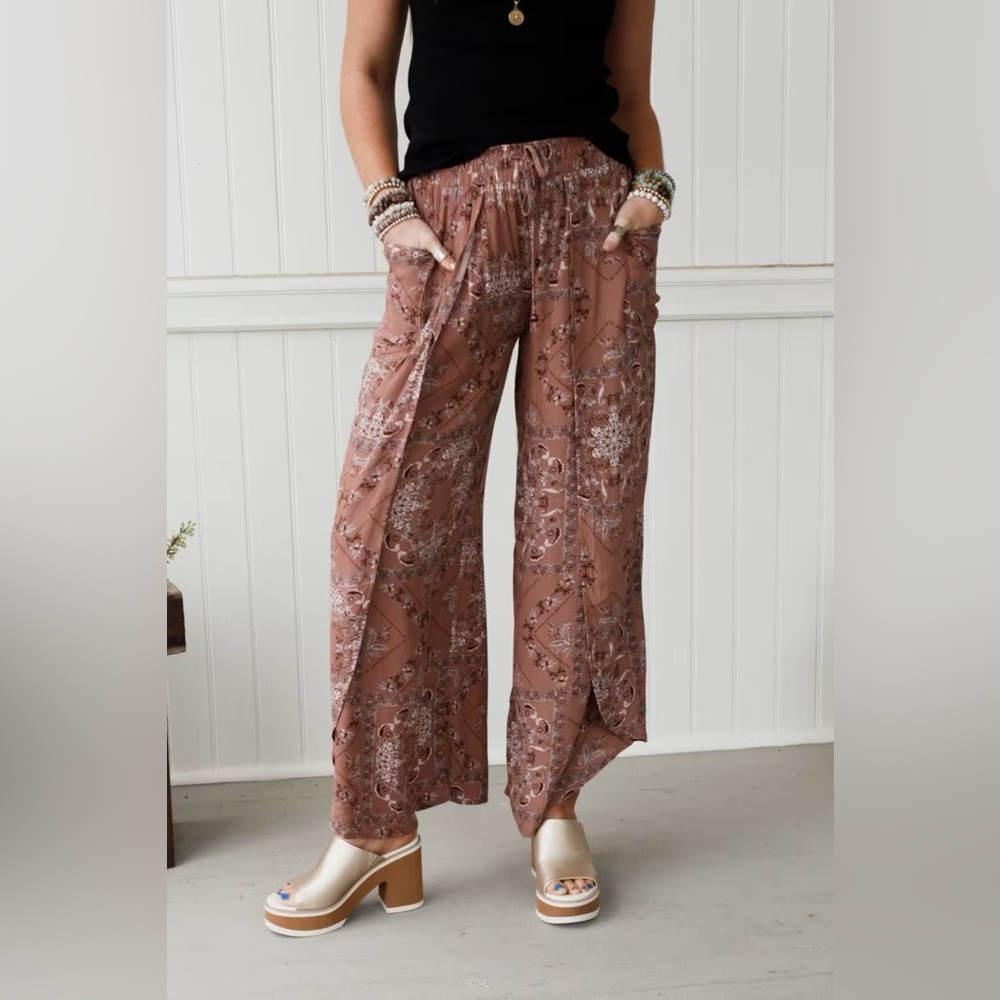 Three Bird Nest Wide Leg Paisley Print Pants in Dusty Rose